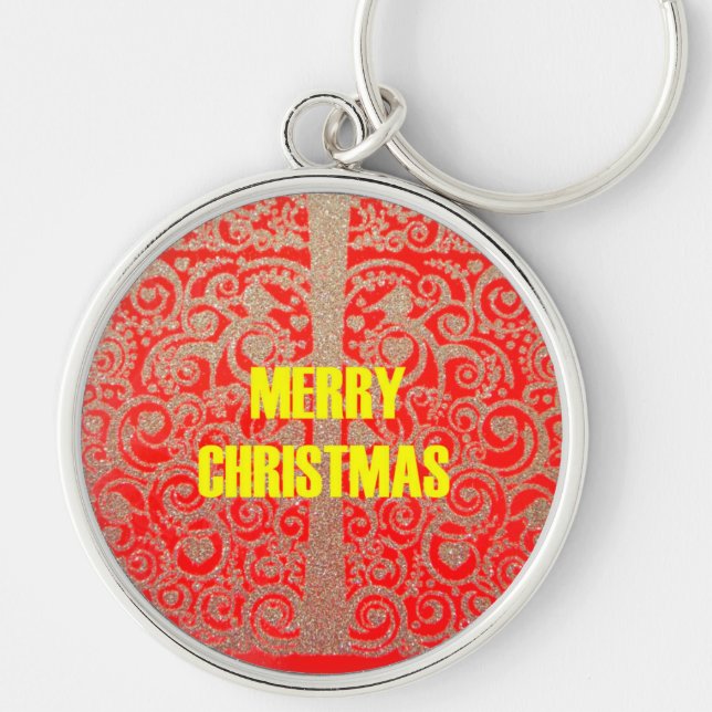 Merry Christmas Golden Red Snow Glitter Hearts Art Key Ring (Front)