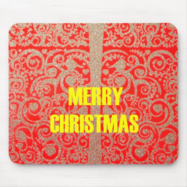 Merry Christmas Golden Red Snow Glitter Hearts Art Mouse Mat (Front)