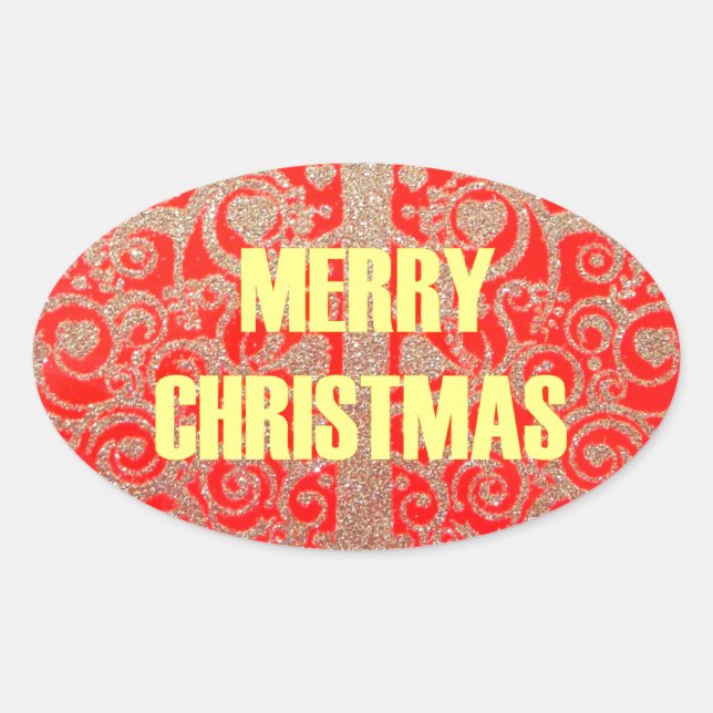 Merry Christmas Golden Red Snow Glitter Hearts Art Oval Sticker (Front)