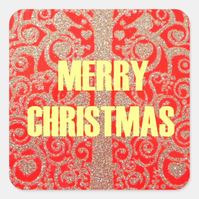 Merry Christmas Golden Red Snow Glitter Hearts Art Square Sticker (Front)