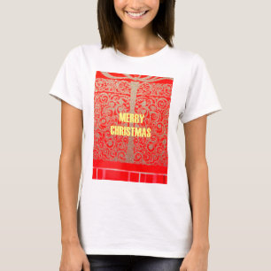 Merry Christmas Golden Red Snow Glitter Hearts Art T-Shirt