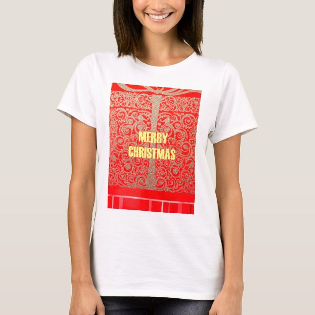 Merry Christmas Golden Red Snow Glitter Hearts Art T-Shirt (Front)