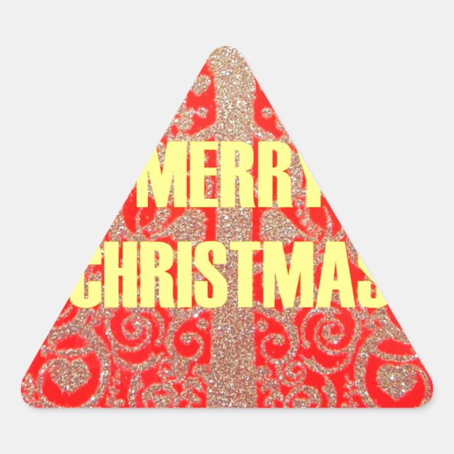 Merry Christmas Golden Red Snow Glitter Hearts Art Triangle Sticker (Front)