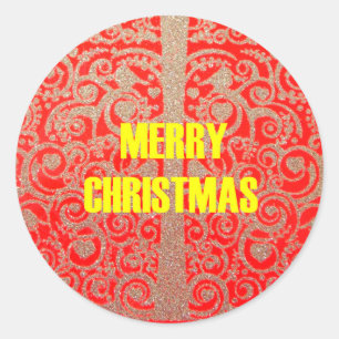 Merry Christmas Golden Red Snow Hearts Classic Round Sticker