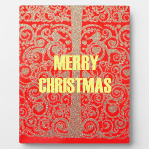 Merry Christmas Golden Red Snow Hearts Plaque