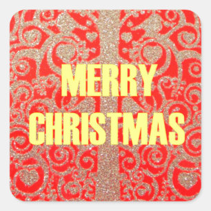 Merry Christmas Golden Red Snow Hearts Square Sticker