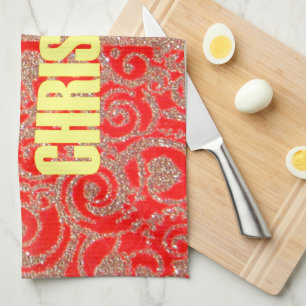 Merry Christmas Golden Red Snow Hearts Tea Towel