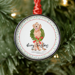 Merry Christmas Golden Retriever Dog Wreath Holly Metal Tree Decoration
