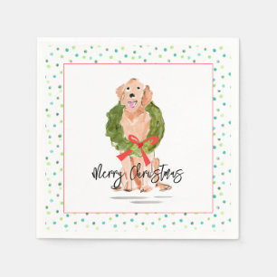 Merry Christmas Golden Retriever Dog Wreath Holly  Napkin