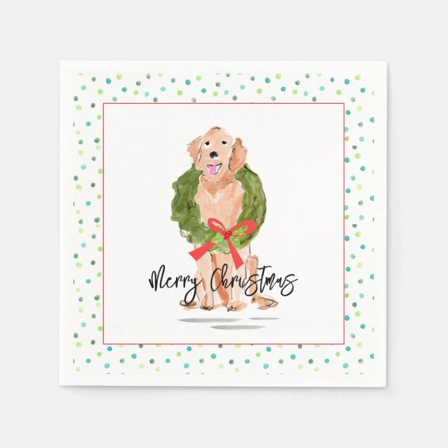 Merry Christmas Golden Retriever Dog Wreath Holly  Napkin (Front)