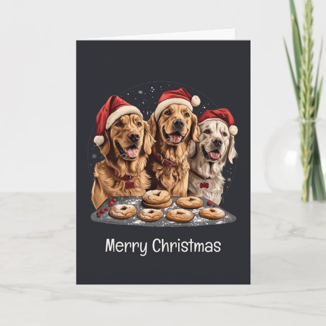 Merry Christmas Golden Retriever Dogs Baking Holiday Card (Front)