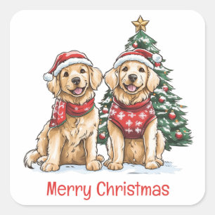 Merry Christmas Golden Retriever Dogs Square Sticker
