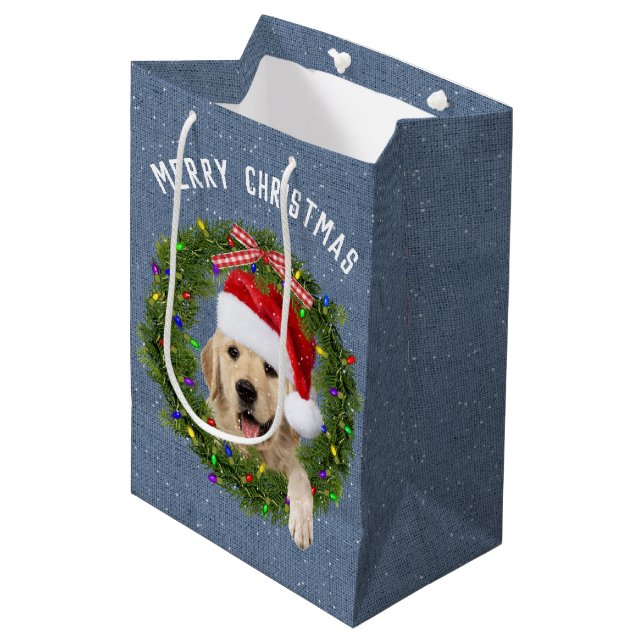Merry Christmas Golden Retriever on denim Medium Gift Bag (Front Angled)