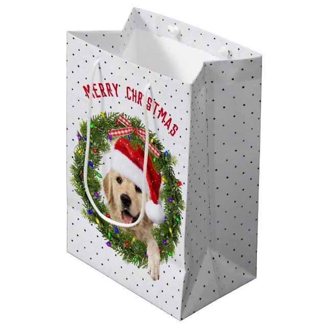 Merry Christmas Golden Retriever on polka dots Medium Gift Bag (Front Angled)