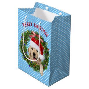 Merry Christmas Golden Retriever on polka dots Medium Gift Bag
