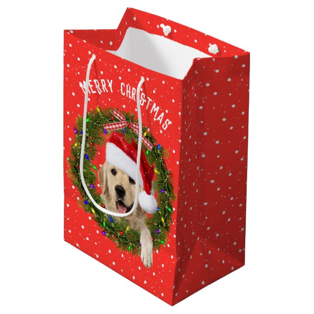 Merry Christmas Golden Retriever on polka dots Medium Gift Bag (Front Angled)
