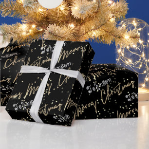 Merry Christmas Golden Script From Name Black  Wrapping Paper