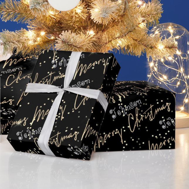 Merry Christmas Golden Script From Name Black  Wrapping Paper (Holidays)