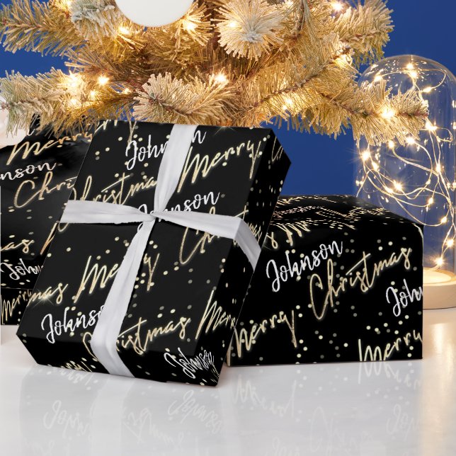Merry Christmas Golden Script From Name BlackWhite Wrapping Paper (Holidays)