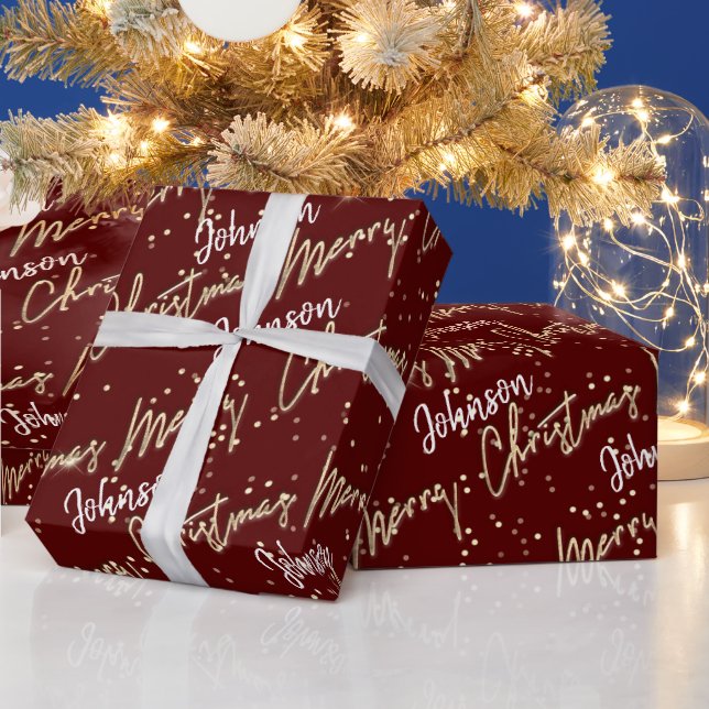 Merry Christmas Golden Script From Name Burgundy  Wrapping Paper (Holidays)