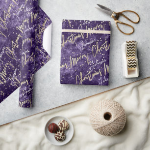 Merry Christmas Golden Script From Name Purple Wrapping Paper