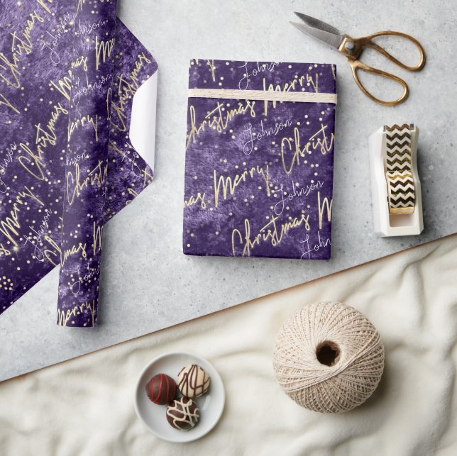 Merry Christmas Golden Script From Name Purple Wrapping Paper (Crafts)
