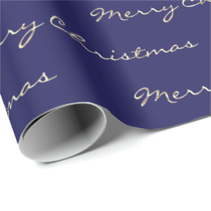 Merry Christmas Golden Script Holidays Blue Navy Wrapping Paper