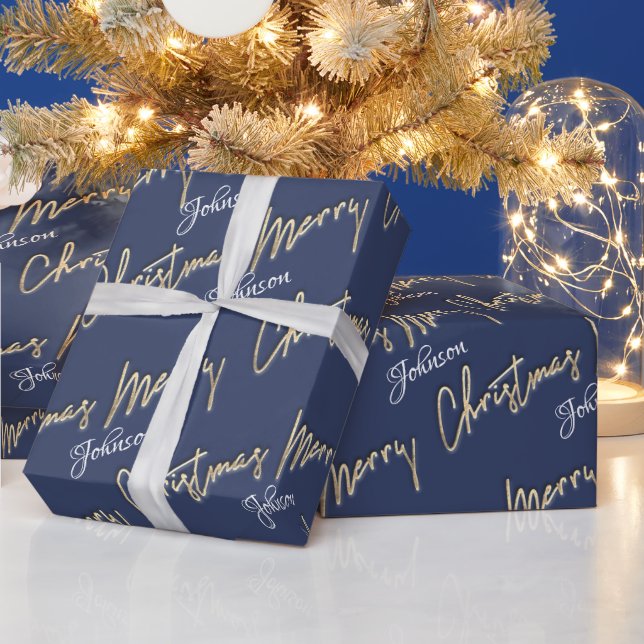 Merry Christmas Golden Script Name Blue Navy  Wrapping Paper (Holidays)