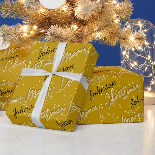 Merry Christmas Golden Script Name Mustard Yellow Wrapping Paper (Holidays)