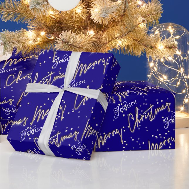 Merry Christmas Golden Script Name Royal Blue Navy Wrapping Paper (Holidays)