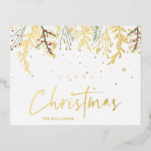 Merry Christmas Golden Snow Effect and Branches Foil Holiday Postcard