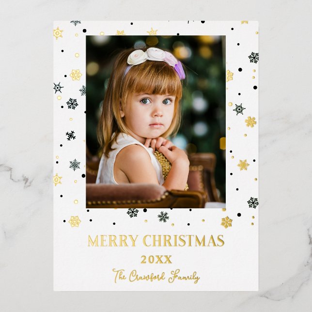Merry Christmas Golden Snowflakes Family Photo Foil Holiday Postcard (Front)