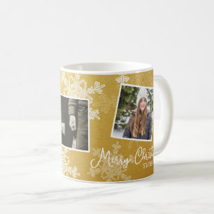 Merry Christmas Golden Snowflakes Photo Collage  Coffee Mug