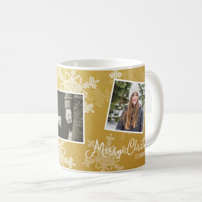 Merry Christmas Golden Snowflakes Photo Collage  Coffee Mug (Front Right)