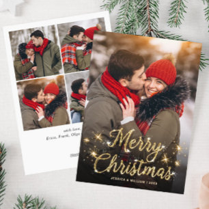 Merry Christmas Golden Sparkle 5 PHOTO Greeting Holiday Card