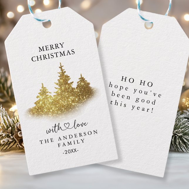  "MERRY CHRISTMAS", Golden Tree Gift Tags (Custom, "MERRY CHRISTMAS", golden Christmas tree, illustration, script font, with your name/text.)
