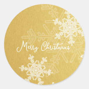 Merry Christmas Golden White Snowflake Minimalist  Classic Round Sticker