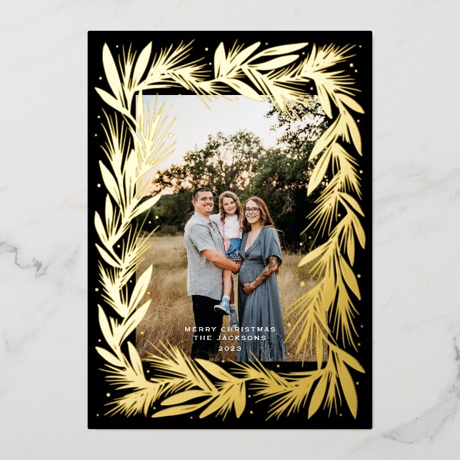 Merry Christmas Golden Wreath Black Foil Holiday Card (Front)