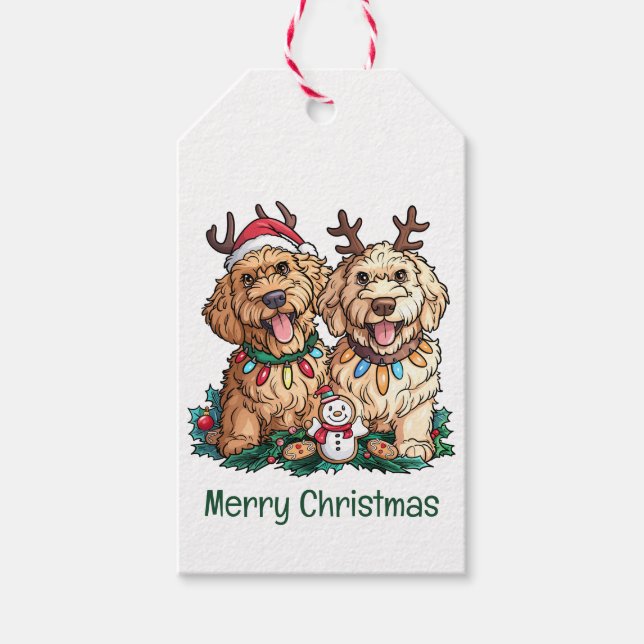 Merry Christmas Goldendoodle Dogs Gift Tags (Front)