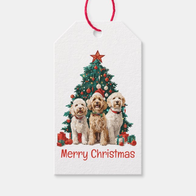 Merry Christmas Goldendoodle Dogs Gift Tags (Front)