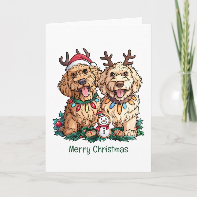 Merry Christmas Goldendoodle Dogs Holiday Card (Front)