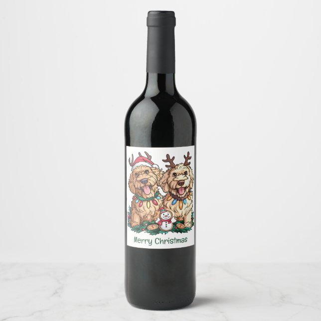 Merry Christmas Goldendoodle Dogs Wine Label (Front)