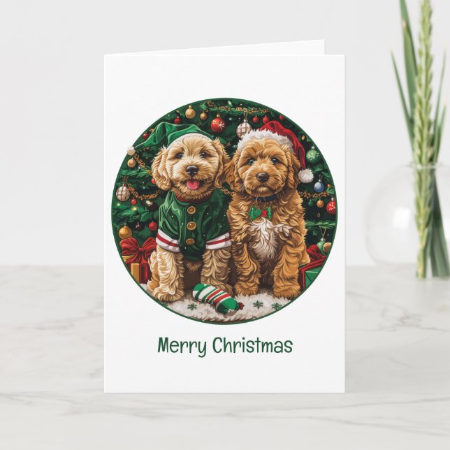 Merry Christmas Goldendoodle Puppy Dogs Holiday Card (Front)