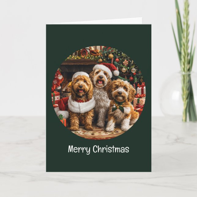 Merry Christmas Goldendoodle Puppy Dogs Holiday Card (Front)