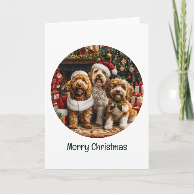 Merry Christmas Goldendoodle Puppy Dogs Holiday Card (Front)