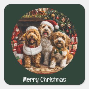Merry Christmas Goldendoodle Puppy Dogs Square Sticker
