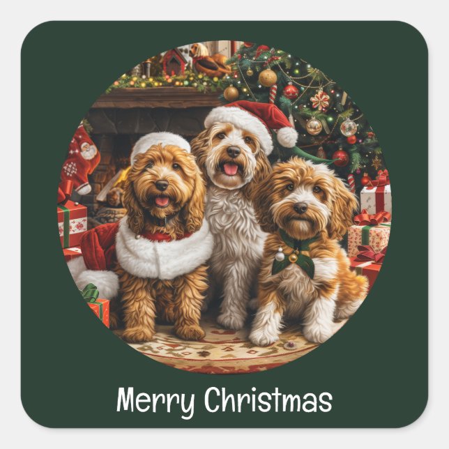 Merry Christmas Goldendoodle Puppy Dogs Square Sticker (Front)