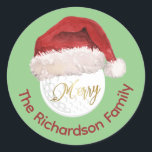 Merry Christmas Golf Ball Santa Cap Name Classic Round Sticker<br><div class="desc">Merry Christmas Santa Hat Golf Ball Name fun sticker -- for the person / family - who is known for their swing.  Any design questions,  just send an email to charmdesignstudio@rcn.com and we'll be delighted to assist.</div>