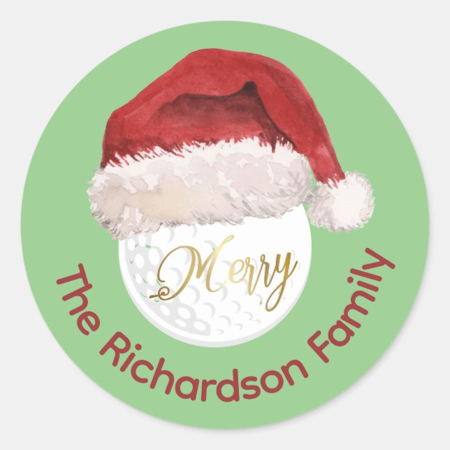 Merry Christmas Golf Ball Santa Cap Name Classic Round Sticker (Front)