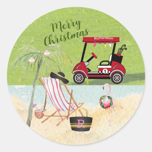 Merry Christmas Golf Cart Beach Monogram Name   Classic Round Sticker (Front)